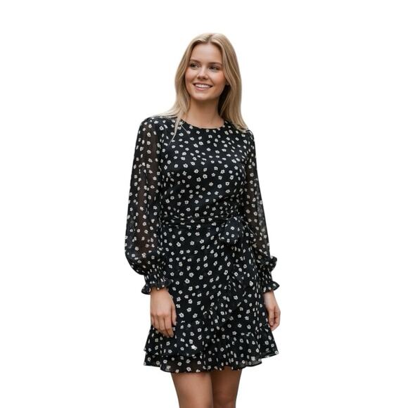 Princess Polly Mini Wrap Dress Black White Floral Long Sleeves Ruffled Hem Sz 6 - Picture 2 of 10